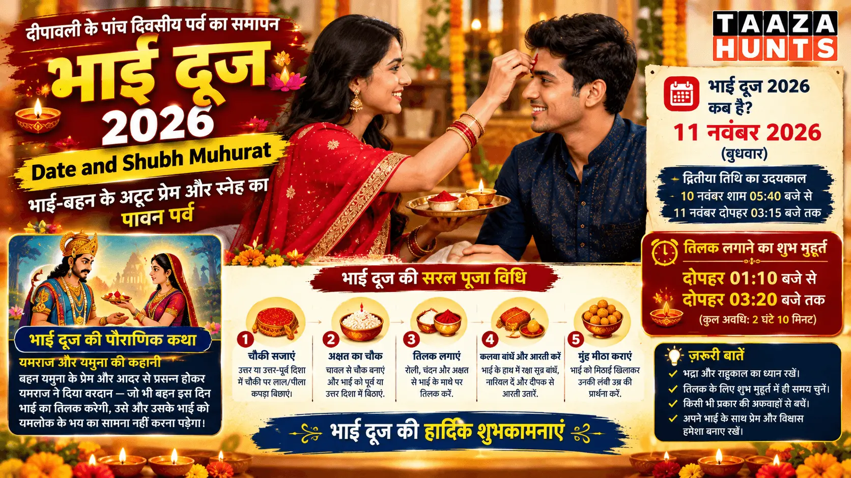 Bhai Dooj 2026 Date and Shubh Muhurat infographic showing the official November 11 timing, puja vidhi steps, and mythology story by Taaza Hunts.