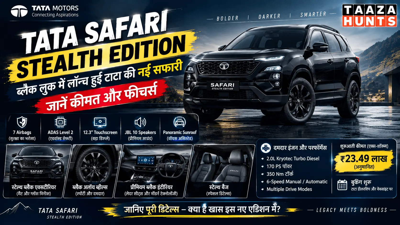 Tata Safari Stealth Edition price and features infographic showcasing the new all-black SUV variants, specifications, and interior details by Taaza Hunts.